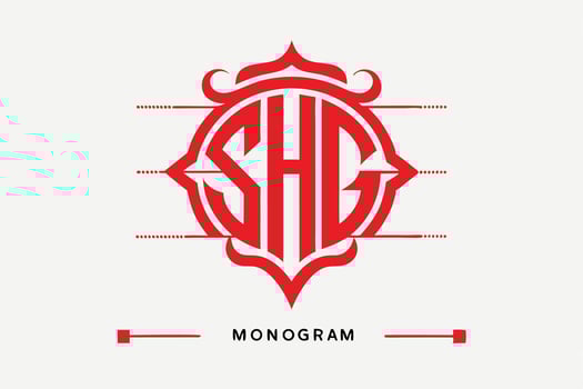 Red monogram logo, ornate circular design, SHG initials, geometric shapes, symmetrical pattern, minimalist typography vector
