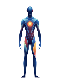 a stylized human figure with a glowing orange circle in the center of its chest. with abstract patterns adorning its body png