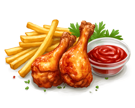 Crispy Fried Chicken Drumsticks with French Fries and Ketchup png