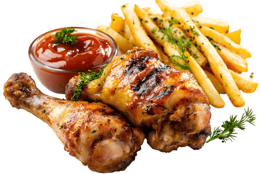 Roasted Chicken Drumsticks Crispy French Fries Ketchup png
