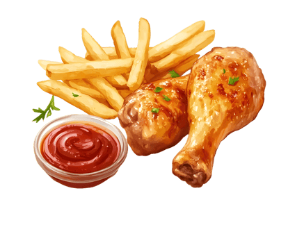 Roasted Chicken Drumsticks with French Fries Ketchup png