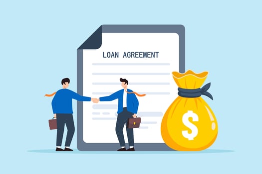 Flat illustration of businessman shaking hand with loan agreement and money bag symbolizing financial support or mortgage vector