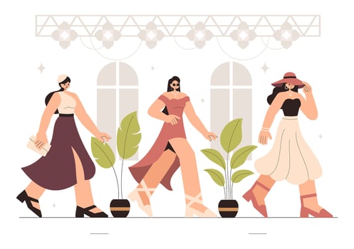 Fashion Catwalk Illustration Featuring Stylish Women in Modern Outfits for a Fashion Show in Flat Style vector