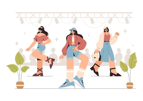 Flat Style Illustration of a Fashion Show with Models Presenting Modern Clothing on a Catwalk Ramp vector