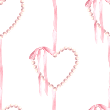 Pearl heart with pink bow Watercolor hand drawn illustration. Elegant rose pastel coloured Valentines day seamless pattern. Wedding, Coquette girl style design for fabric Isolated from background png