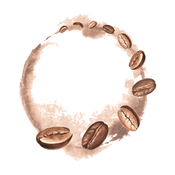 Roasted coffee beans with stain. Watercolor composition of hand drawn illustrations isolated. Ingredients for aromatic morning drink. Clipart of Arabica grains. Template for packaging, cafe, card. png