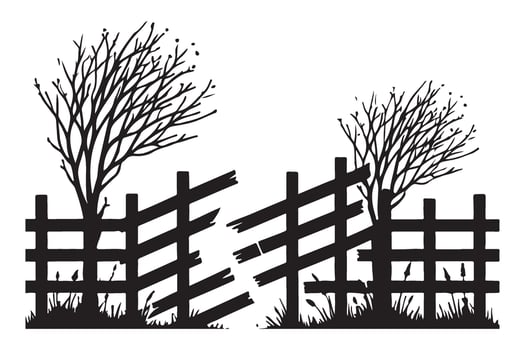 Broken Wooden Fence with Trees Silhouette Illustration vector