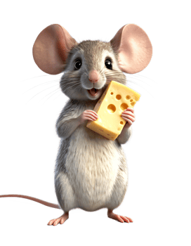 A cute little mouse holding a piece of cheese, Cartoon style, 3d render, transparent wallpaper, isolated, cutout render image. png