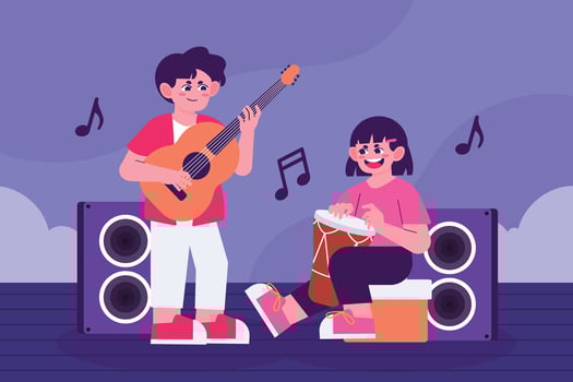 Two kids playing guitar and drum together in a joyful music performance with colorful speaker background. Music activity concept vector