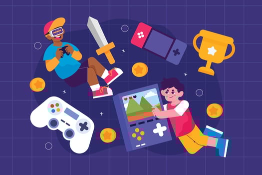 Two kids enjoying gaming activities with gadgets and game items in flat illustration style vector