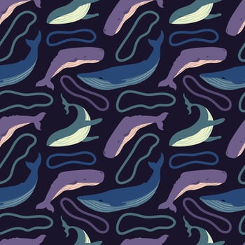 Various whales seamless pattern. Blue whale, sperm whale and abstract elements on a dark background. illustration for fabric, poster, card, background, linen, cover, paper vector