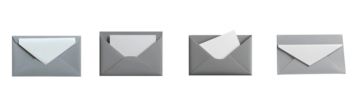 Grey Envelopes with White Paper Inserts Showing Varying States of Insertion png