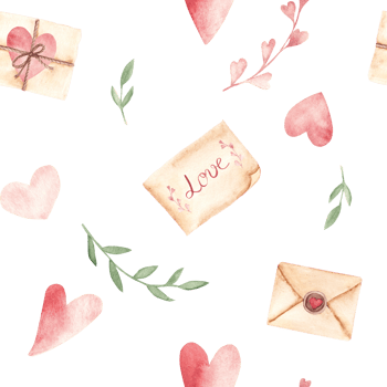Valentine's Day or Wedding Watercolor Seamless Pattern with pink Hearts craft Envelopes, vintage love Letters and green branches. Watercolor hand drawn illustration. For fabric or textile prints png