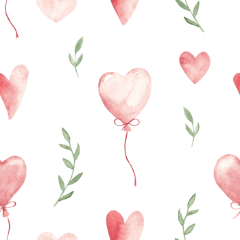 Valentine's Day or Wedding Watercolor Seamless Pattern with flying pink Hearts, air Balloons and green Branches. Watercolor hand drawn illustration for fabric or textile prints, gift packaging paper png