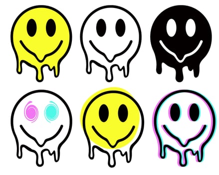 Melting smile. set Melt emotions illustration. Funny surreal techno melt smile face logo. Dripping smile. Good mood. Positive. Molten. Sad face vector