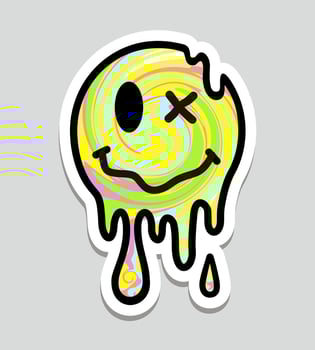 Melting smile. Melt emotions illustration. Funny surreal techno melt smile face logo. Dripping smile. Good mood. Positive. Molten. Sad face vector