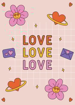 Retro style Valentine's Day card surrounded by flowers, hearts, and envelopes on a pastel background. vector