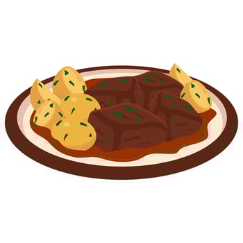 A plate of meat and potatoes with gravy vector