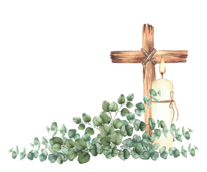 Burning candle with Cross tied with rope and Eucalyptus silver dollar plant green branches Religious Watercolor painted isolated from background illustration for first communion, Easter, wedding card png