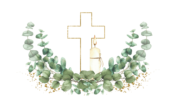 Golden Cross with burning candle and green eucalyptus branches on gold splashes and stains. Watercolor painted illustration. Semicircular composition for christening, wedding. Isolated from background png