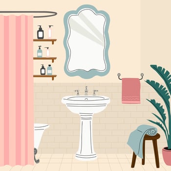 Elegant bathroom interior with pink shower curtain, white sink, towels, mirror and potted plant vector