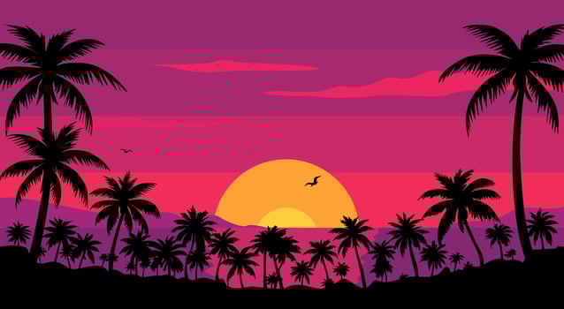 Landscape tropical scene with palm trees and sunset in the background. The sky is a mix of pink and purple, creating a warm and relaxing atmosphere vector