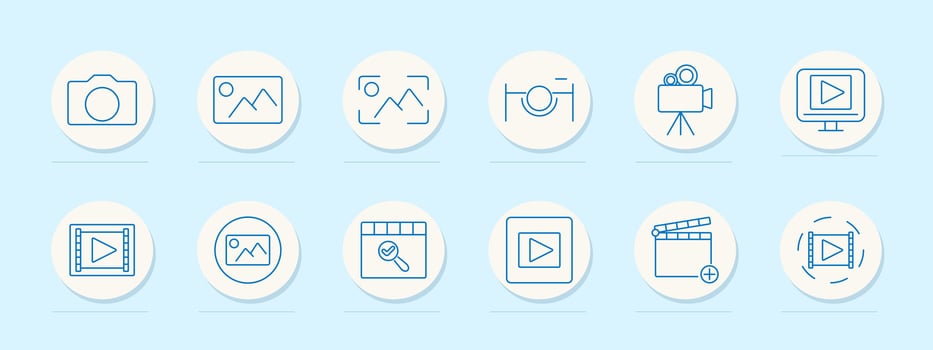 Photography set icon. Camera, photo, focus frame, tripod, camera, play screen, film reel, edit clapperboard, play button. Represent photography, videography, and media creation vector
