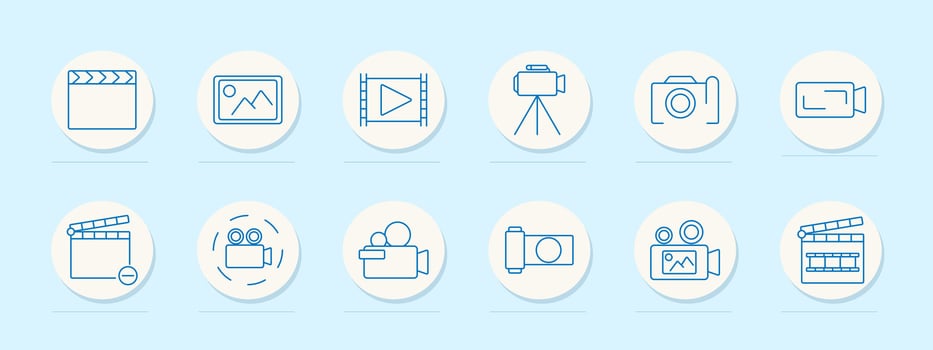 Cinema set icon. Clapperboard, image frame, film reel, camera, tripod, recording, editing tools. Represent filmmaking, photography, and production vector