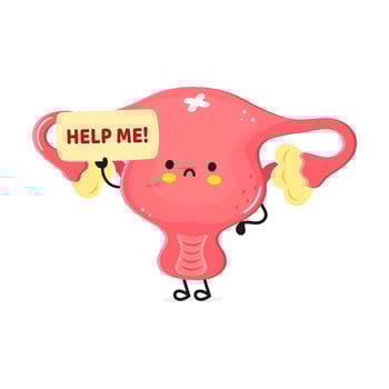 Cartoon uterus character holds a help sign expressing a need for assistance in a humorous way vector