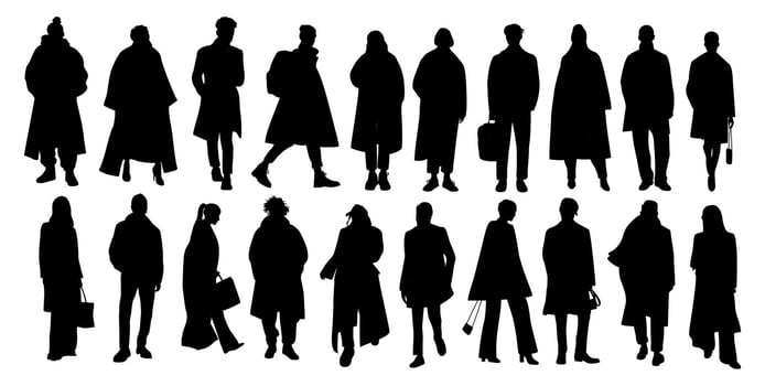 Silhouettes of stylish young men and women wearing autumn street fashion outfit. Different business people in smart casual warm outwear clothes vector