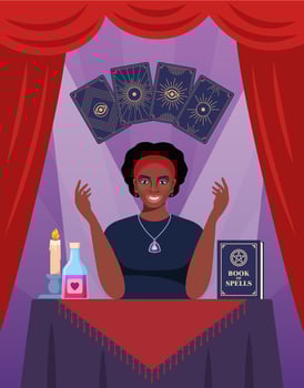 Black woman fortune teller character predicts fate at table with tarot cards. illustration. vector