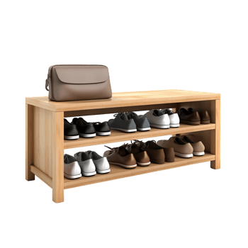 Wooden shoe rack with multiple shelves and a stylish handbag on top png