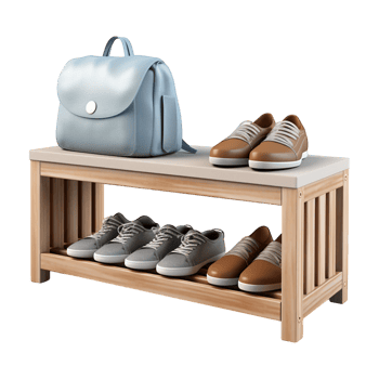 Wooden shoe rack with shoes and a stylish handbag organized neatly png