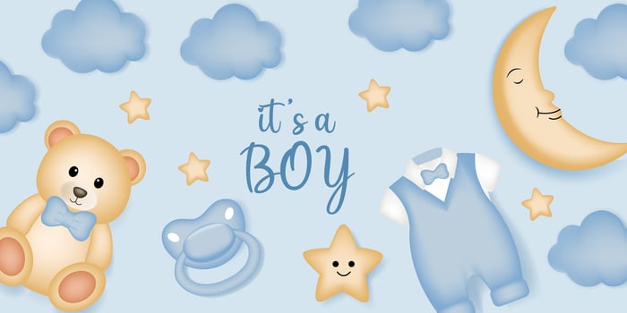 Baby shower design with moon, star, teddy bear, pacifier and dress on blue background. It's a boy design. vector