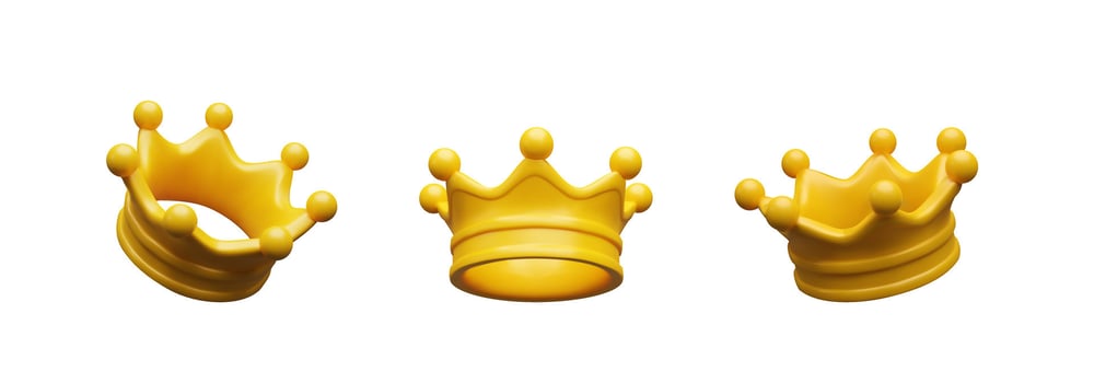 3d render set gold crown. Three-dimensional illustration monarch icon. King, queen, princess, prince - royalty symbol. Classic casino reward. Emperor collection diadem is power. Luxury tressure vector