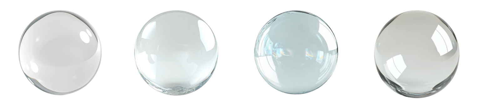 Four Clear Glass Oval Objects Displayed Against Black Background png