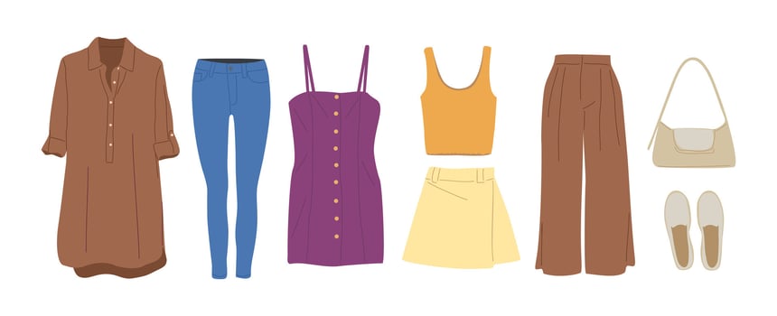 Fashion clothes set. Garment, accessory for girls, women. Different apparel collection. Modern casual dress, pants, shirt, shoes and bag vector