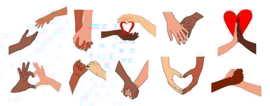 Two hands holding together set. Human fingers, couple palms touching, gesturing, heart shape. Support, love relationship concept vector