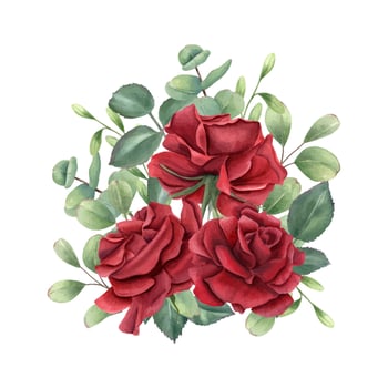 Three dark ruby roses head, eucalyptus branches bouquet watercolor illustration. Blooming red flowers, green leaves. For birthday greeting cards, wedding concept, memorial day vector