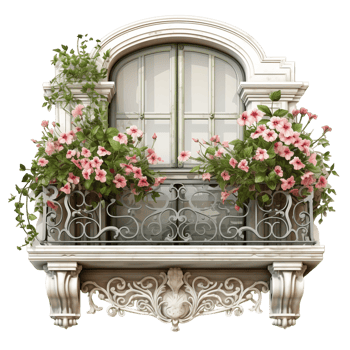 Elegant white balcony with flowering plants and classic architecture png