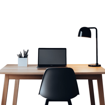 Modern minimalist workspace with laptop and desk lamp. isolated png