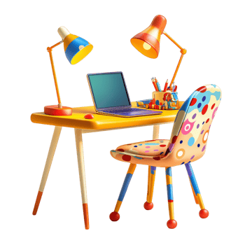 Colorful Childrens Desk Setup With Laptop And Lamps png