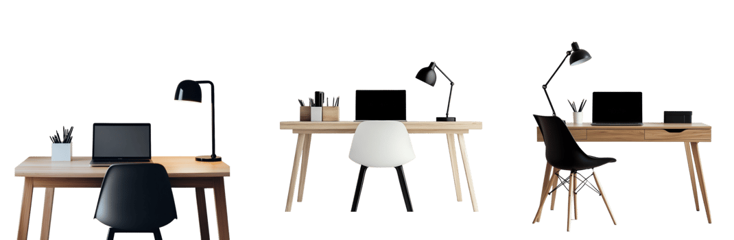 Modern minimalist workspace featuring two desks and chairs png