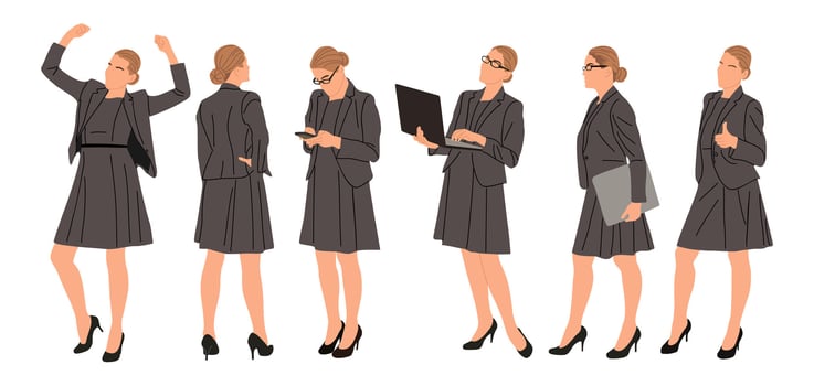 Businesswoman character in different poses. Pretty woman wearing formal suit standing, using phone, laptop, front, back, side view vector