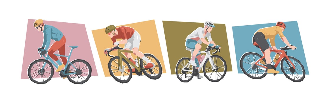 Set of male road cycling athlete. Sport, race, competition concept. Isolated on white background. Flat illustration. vector