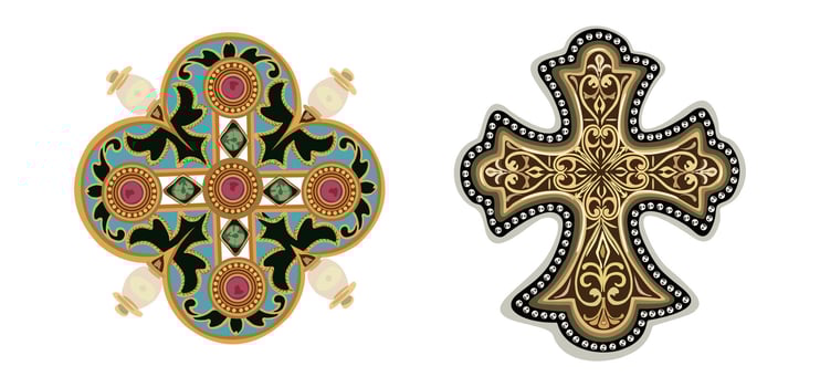 Two Golden cross decorated with colorful stones vintage jewelry vector