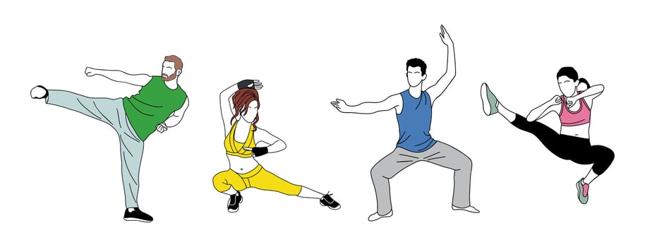 Martial art training male and female cartoon characters. People doing asian martial art exercises isolated on white background. Karate, judo, tai chi, taekwondo sport outline illustrations. vector