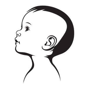 A baby's head is shown in a black and white drawing vector