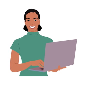 Young business woman working with computer. Pretty girl Student, teacher, entrepreneur work with laptop vector