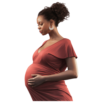 Beautiful pregnant woman in a red dress holding her belly portrait png